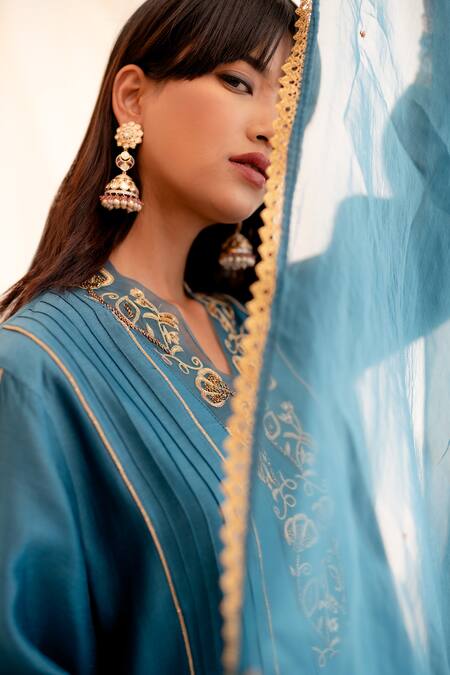 Buy Anushka Repswal - Sewing Love Blue Chanderi, Cotton, Organza Lace, Zardozi Embroidered Pintucks Kurta Set Buy_Anushka Repswal - Sewing Love_Blue Chanderi, Cotton, Organza Lace, Zardozi Embroidered Pintucks Kurta Set
