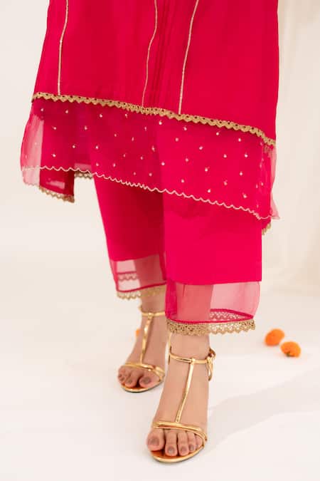 Anushka Repswal - Sewing Love_Pink Chanderi, Cotton, Organza Beads, Lace Zardozi Embroidered Kurta Pant Set _Online_at_Aza_Fashions