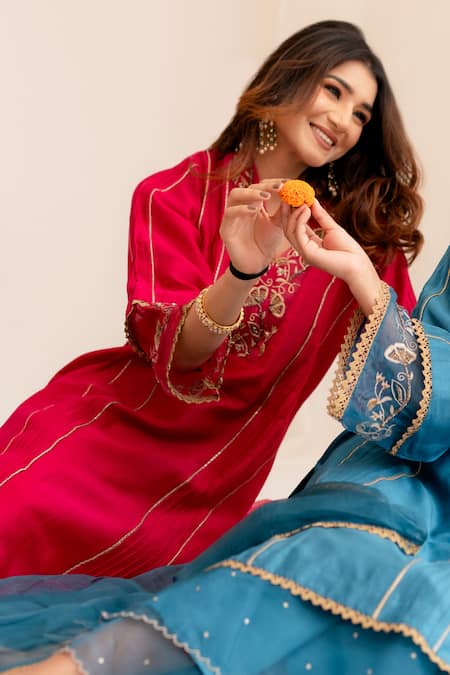 Buy_Anushka Repswal - Sewing Love_Pink Chanderi, Cotton, Organza Beads, Lace Zardozi Embroidered Kurta Pant Set _Online_at_Aza_Fashions