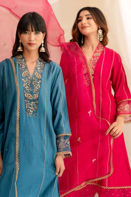 Shop_Anushka Repswal - Sewing Love_Pink Chanderi, Cotton, Organza Beads, Lace Zardozi Embroidered Kurta Pant Set _Online_at_Aza_Fashions