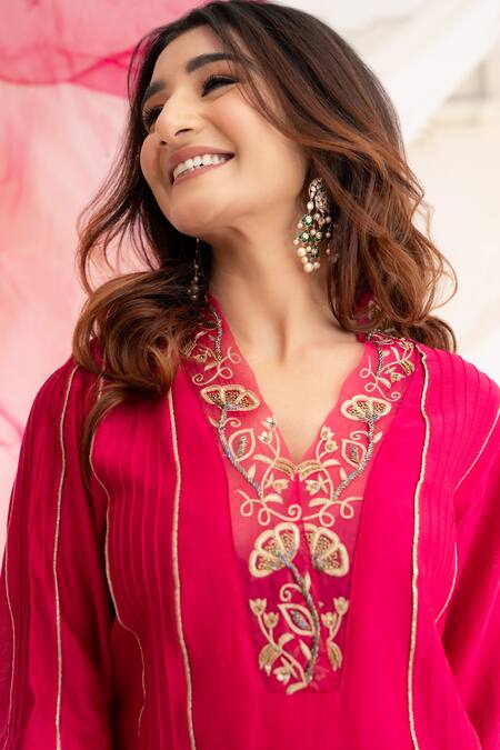 Anushka Repswal - Sewing Love_Pink Chanderi, Cotton, Organza Beads, Lace Zardozi Embroidered Kurta Pant Set _at_Aza_Fashions