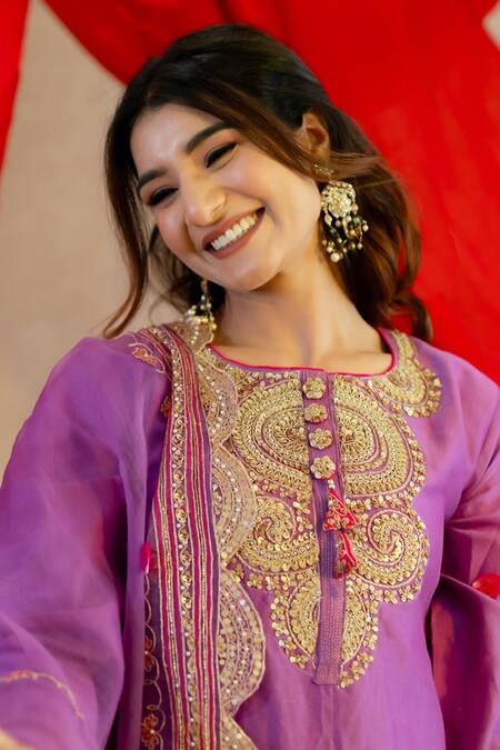 Shop Anushka Repswal - Sewing Love Purple Chanderi, Cotton, Organza Sequins, Tassels, Zardozi Hand Kurta Set Online at Aza Fashions Shop_Anushka Repswal - Sewing Love_Purple Chanderi, Cotton, Organza Sequins, Tassels, Zardozi Hand Kurta Set _Online_at_Aza_Fashions