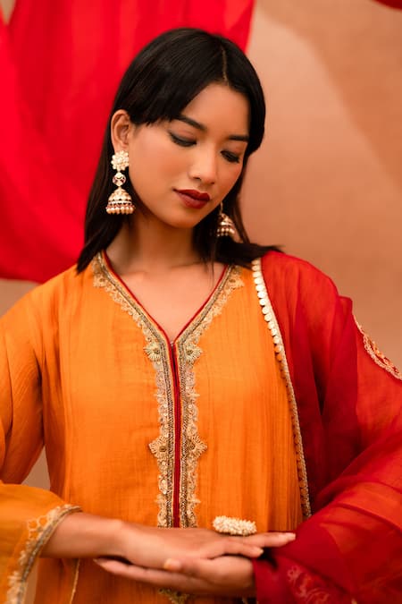 Buy Anushka Repswal - Sewing Love Yellow Chanderi, Organza, Cotton Embroidery V-neck Floral A-line Kurta Set Online at Aza Fashions Buy_Anushka Repswal - Sewing Love_Yellow Chanderi, Organza, Cotton Embroidery V-neck Floral A-line Kurta Set _Online_at_Aza_Fashions