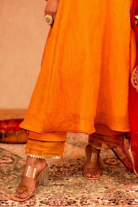 Shop Anushka Repswal - Sewing Love Yellow Chanderi, Organza, Cotton Embroidery V-neck Floral A-line Kurta Set Online at Aza Fashions Shop_Anushka Repswal - Sewing Love_Yellow Chanderi, Organza, Cotton Embroidery V-neck Floral A-line Kurta Set _Online_at_Aza_Fashions