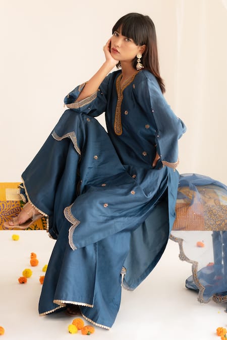 Buy Anushka Repswal - Sewing Love Blue Chanderi, Organza Embroidery, Cut Work, Sequins, Cutdana Kurta Sharara Set Online at Aza Fashions Buy_Anushka Repswal - Sewing Love_Blue Chanderi, Organza Embroidery, Cut Work, Sequins, Cutdana Kurta Sharara Set _Online_at_Aza_Fashions