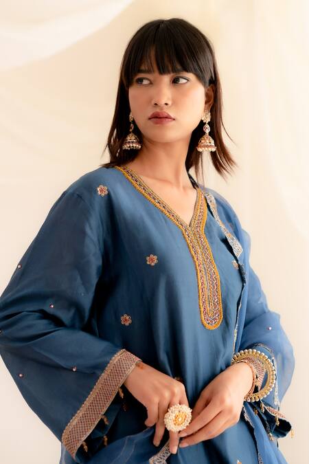 Shop Anushka Repswal - Sewing Love Blue Chanderi, Organza Embroidery, Cut Work, Sequins, Cutdana Kurta Sharara Set Online at Aza Fashions Shop_Anushka Repswal - Sewing Love_Blue Chanderi, Organza Embroidery, Cut Work, Sequins, Cutdana Kurta Sharara Set _Online_at_Aza_Fashions