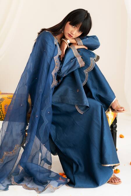 Buy Anushka Repswal - Sewing Love Blue Chanderi, Organza Embroidery, Cut Work, Sequins, Cutdana Kurta Sharara Set Buy_Anushka Repswal - Sewing Love_Blue Chanderi, Organza Embroidery, Cut Work, Sequins, Cutdana Kurta Sharara Set
