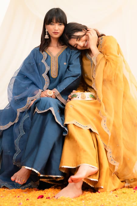 Shop Anushka Repswal - Sewing Love Blue Chanderi, Organza Embroidery, Cut Work, Sequins, Cutdana Kurta Sharara Set Shop_Anushka Repswal - Sewing Love_Blue Chanderi, Organza Embroidery, Cut Work, Sequins, Cutdana Kurta Sharara Set