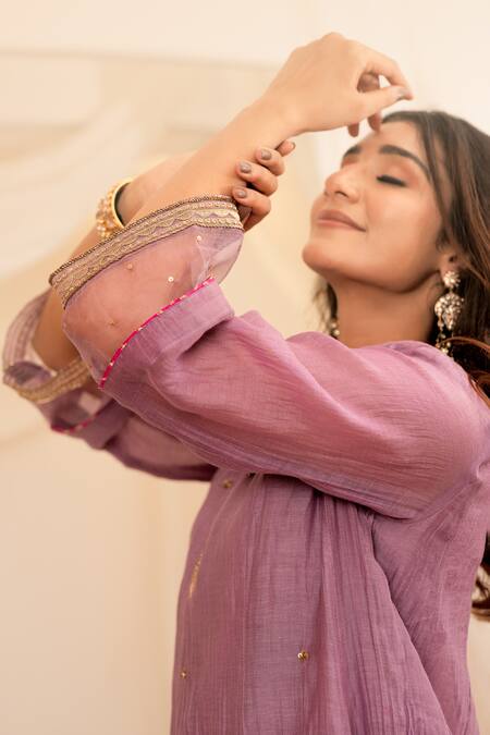 Shop Anushka Repswal - Sewing Love Purple Chanderi, Organza, Cotton Sequins, Lace, Zari Embroidered Anarkali Set Online at Aza Fashions Shop_Anushka Repswal - Sewing Love_Purple Chanderi, Organza, Cotton Sequins, Lace, Zari Embroidered Anarkali Set _Online_at_Aza_Fashions