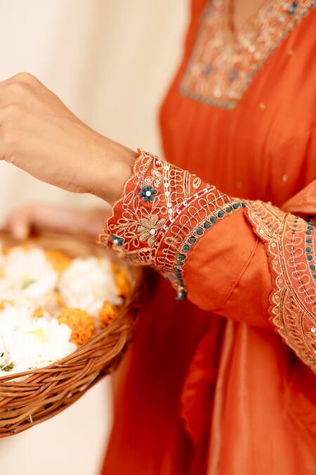 Anushka Repswal - Sewing Love Orange Chanderi, Cotton, Organza Embroidery Scoop Neck Zardozi Anarkali Set Online at Aza Fashions Anushka Repswal - Sewing Love_Orange Chanderi, Cotton, Organza Embroidery Scoop Neck Zardozi Anarkali Set _Online_at_Aza_Fashions