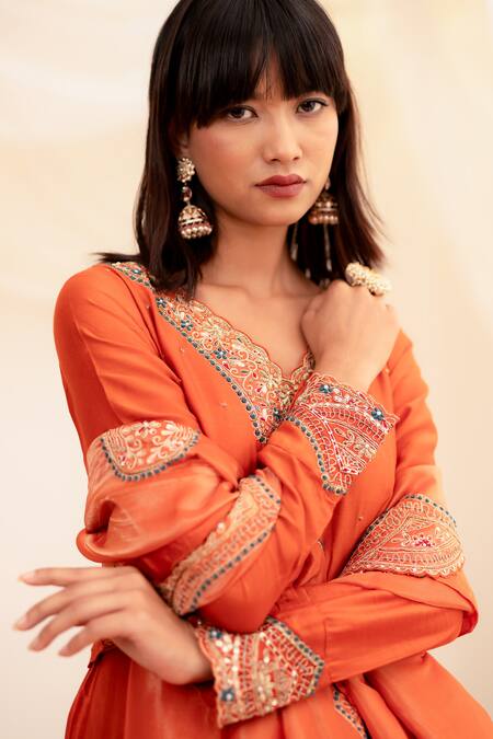 Shop Anushka Repswal - Sewing Love Orange Chanderi, Cotton, Organza Embroidery Scoop Neck Zardozi Anarkali Set Online at Aza Fashions Shop_Anushka Repswal - Sewing Love_Orange Chanderi, Cotton, Organza Embroidery Scoop Neck Zardozi Anarkali Set _Online_at_Aza_Fashions