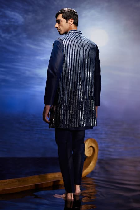 Shop_Eleven Brothers_Blue Taffeta Mirrors, Embroidery Bundi And Kurta Set _at_Aza_Fashions