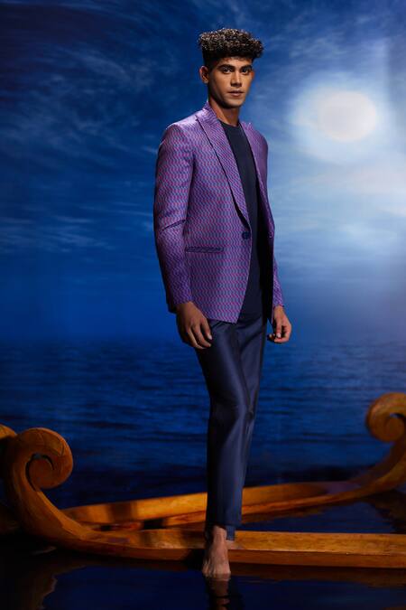 Eleven Brothers_Purple Twill, Cotton Abstract Print Blazer And T Shirt _Online_at_Aza_Fashions