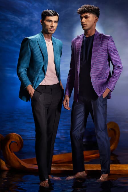 Buy_Eleven Brothers_Purple Twill, Cotton Abstract Print Blazer And T Shirt _Online_at_Aza_Fashions