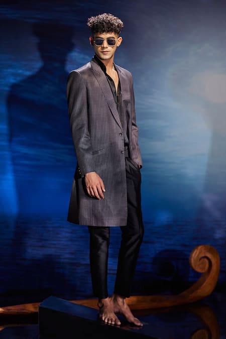 Shop Eleven Brothers Black Twill Abstract Print Trench Coat at Aza Fashions Shop_Eleven Brothers_Black Twill Abstract Print Trench Coat _at_Aza_Fashions