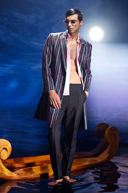 Shop Eleven Brothers Blue Twill Stripe Print Trench Coat at Aza Fashions Shop_Eleven Brothers_Blue Twill Stripe Print Trench Coat _at_Aza_Fashions