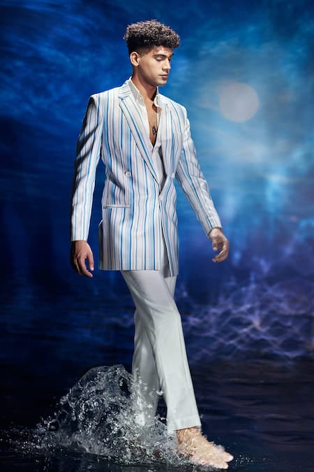Shop_Eleven Brothers_White Twill Stripe Printed Blazer _at_Aza_Fashions