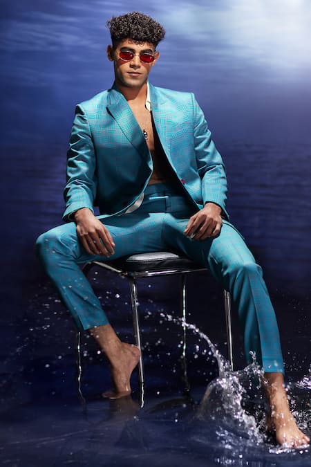 Eleven Brothers_Blue Twill Geometric Print Suit Set _Online_at_Aza_Fashions