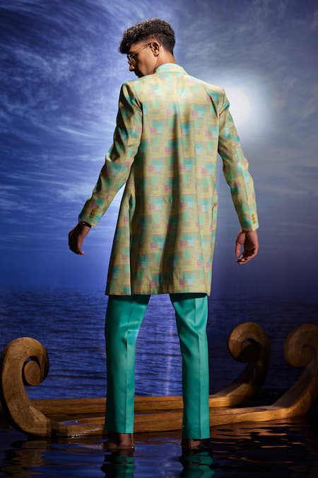 Shop Eleven Brothers Blue Twill Geometric Print Trench Coat at Aza Fashions Shop_Eleven Brothers_Blue Twill Geometric Print Trench Coat _at_Aza_Fashions