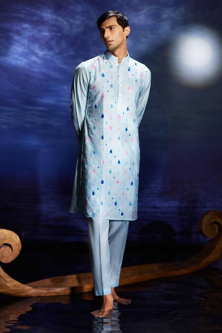 Shop Eleven Brothers Blue Chanderi Sequins, Embroidery Boondein Hand Kurta Set at Aza Fashions Shop_Eleven Brothers_Blue Chanderi Sequins, Embroidery Boondein Hand Kurta Set _at_Aza_Fashions