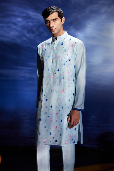 Eleven Brothers Blue Chanderi Sequins, Embroidery Boondein Hand Kurta Set Online at Aza Fashions Eleven Brothers_Blue Chanderi Sequins, Embroidery Boondein Hand Kurta Set _Online_at_Aza_Fashions