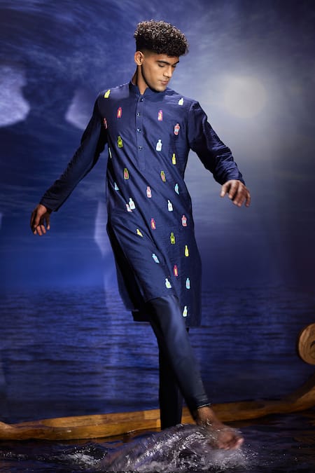 Shop Eleven Brothers Blue Chanderi Sequins Embroidered Kurta Set at Aza Fashions Shop_Eleven Brothers_Blue Chanderi Sequins Embroidered Kurta Set _at_Aza_Fashions
