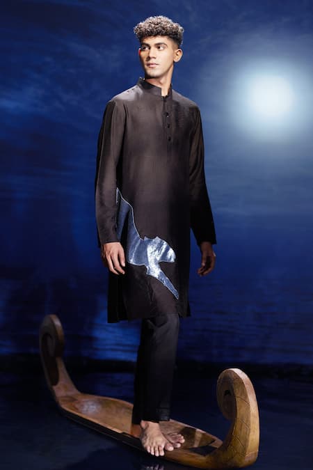 Eleven Brothers Black Chanderi Sequins, Embroidery Kurta Set 
