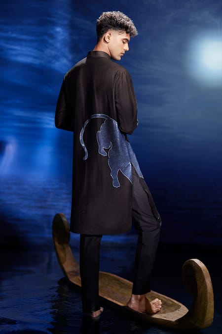Shop_Eleven Brothers_Black Chanderi Sequins, Embroidery Kurta Set _at_Aza_Fashions