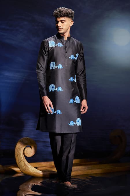 Eleven Brothers Black Taffeta Mirrors, Embroidery Elephant Kurta Set Online at Aza Fashions Eleven Brothers_Black Taffeta Mirrors, Embroidery Elephant Kurta Set _Online_at_Aza_Fashions