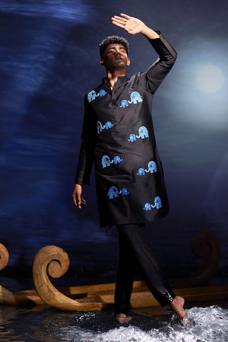 Shop Eleven Brothers Black Taffeta Mirrors, Embroidery Elephant Kurta Set at Aza Fashions Shop_Eleven Brothers_Black Taffeta Mirrors, Embroidery Elephant Kurta Set _at_Aza_Fashions