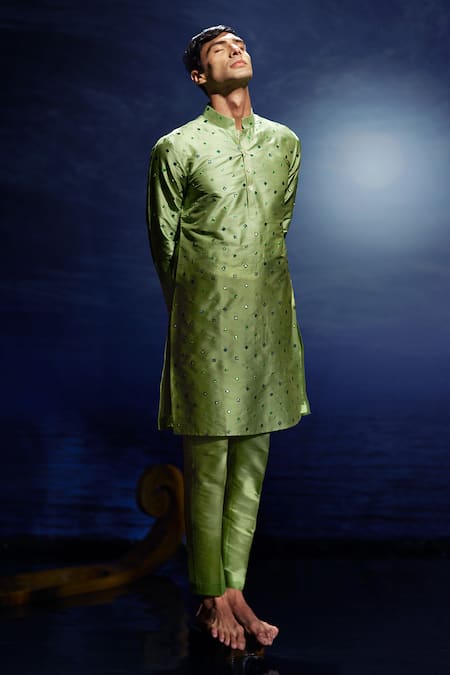 Eleven Brothers Green Silk, Taffeta Mirrors, Embroidery Geometric Work Kurta Set 