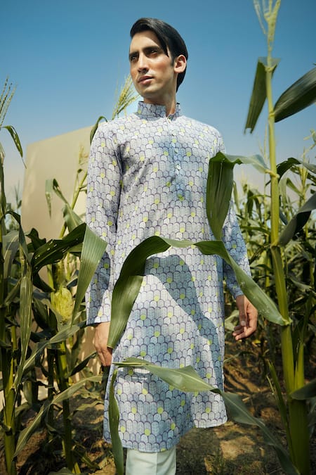 Shop Eleven Brothers Purple Silk, Cotton Abstract Geometric Print Kurta And Pant Set at Aza Fashions Shop_Eleven Brothers_Purple Silk, Cotton Abstract Geometric Print Kurta And Pant Set _at_Aza_Fashions