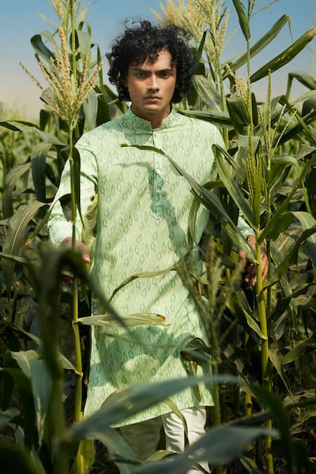 Shop Eleven Brothers Green Silk, Cotton Spectrum Printed Kurta And Pant Set at Aza Fashions Shop_Eleven Brothers_Green Silk, Cotton Spectrum Printed Kurta And Pant Set _at_Aza_Fashions