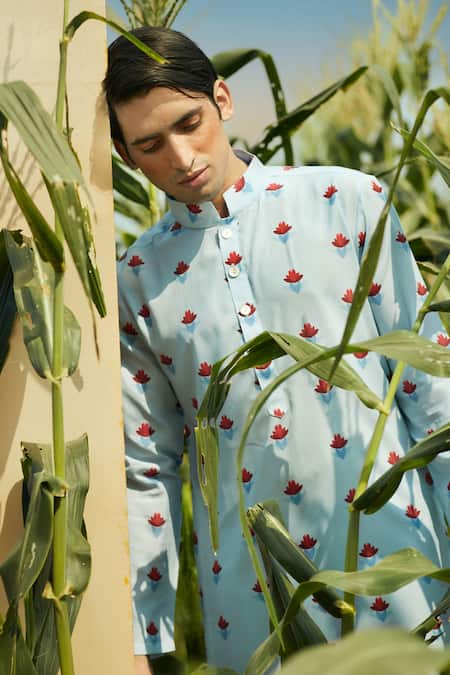 Buy Eleven Brothers Blue Silk, Cotton Floral Printed Kurta And Pant Set Online at Aza Fashions Buy_Eleven Brothers_Blue Silk, Cotton Floral Printed Kurta And Pant Set _Online_at_Aza_Fashions