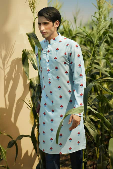 Shop Eleven Brothers Blue Silk, Cotton Floral Printed Kurta And Pant Set at Aza Fashions Shop_Eleven Brothers_Blue Silk, Cotton Floral Printed Kurta And Pant Set _at_Aza_Fashions