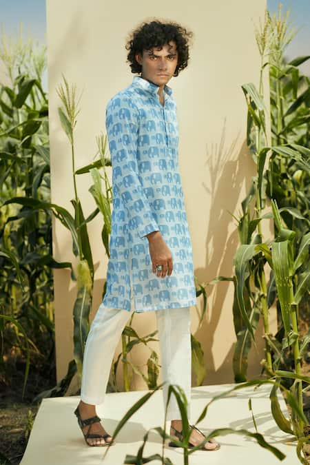 Shop Eleven Brothers Blue Silk, Cotton Geometric Print Kurta And Pant Set at Aza Fashions Shop_Eleven Brothers_Blue Silk, Cotton Geometric Print Kurta And Pant Set _at_Aza_Fashions