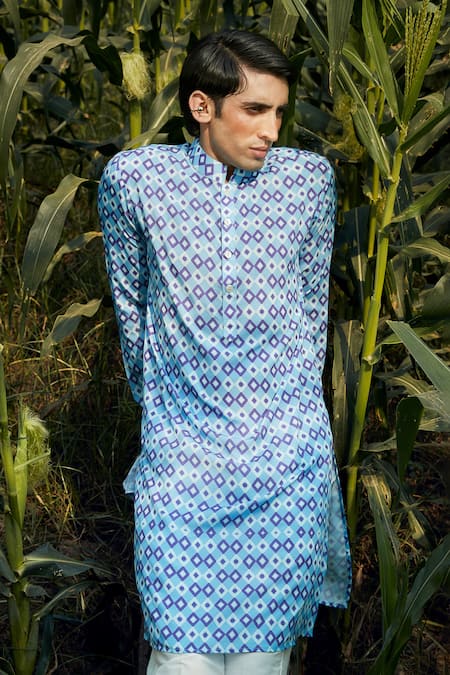 Eleven Brothers Blue Silk, Cotton Geometric Print Kurta And Pant Set Online at Aza Fashions Eleven Brothers_Blue Silk, Cotton Geometric Print Kurta And Pant Set _Online_at_Aza_Fashions