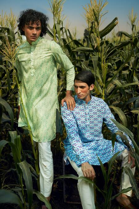 Shop Eleven Brothers Blue Silk, Cotton Geometric Print Kurta And Pant Set Online at Aza Fashions Shop_Eleven Brothers_Blue Silk, Cotton Geometric Print Kurta And Pant Set _Online_at_Aza_Fashions