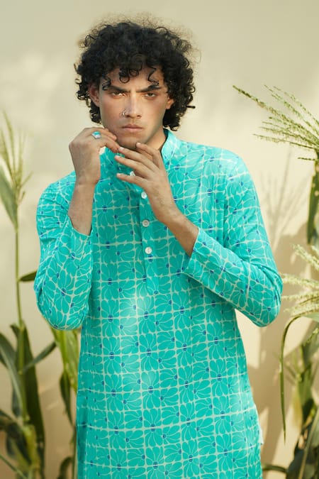Shop Eleven Brothers Blue Silk, Cotton Florest Print Kurta And Pant Set at Aza Fashions Shop_Eleven Brothers_Blue Silk, Cotton Florest Print Kurta And Pant Set _at_Aza_Fashions