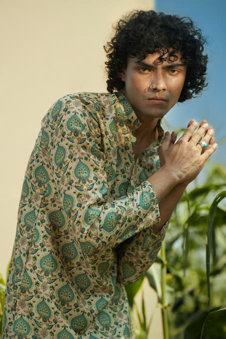 Eleven Brothers Beige Silk, Cotton Embroidery Mughal Bagh Printed Kurta And Pant Set Online at Aza Fashions Eleven Brothers_Beige Silk, Cotton Embroidery Mughal Bagh Printed Kurta And Pant Set _Online_at_Aza_Fashions