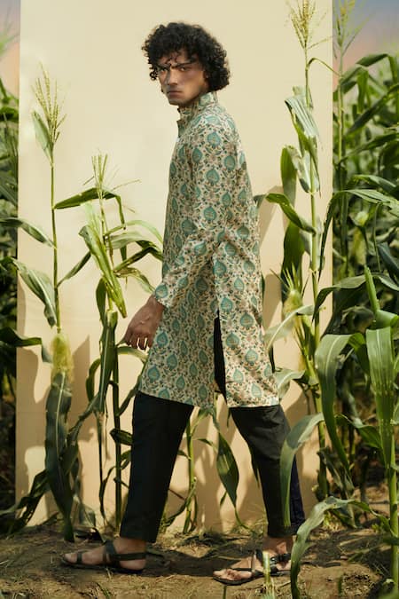 Shop Eleven Brothers Beige Silk, Cotton Embroidery Mughal Bagh Printed Kurta And Pant Set at Aza Fashions Shop_Eleven Brothers_Beige Silk, Cotton Embroidery Mughal Bagh Printed Kurta And Pant Set _at_Aza_Fashions