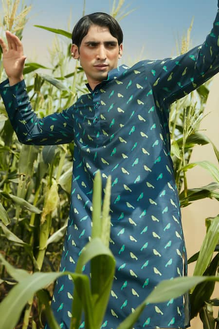 Shop Eleven Brothers Blue Silk, Cotton Birds Of Joy Print Kurta And Pant Set at Aza Fashions Shop_Eleven Brothers_Blue Silk, Cotton Birds Of Joy Print Kurta And Pant Set _at_Aza_Fashions