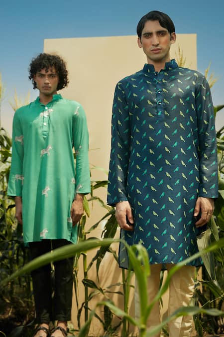 Buy Eleven Brothers Blue Silk, Cotton Birds Of Joy Print Kurta And Pant Set Online at Aza Fashions Buy_Eleven Brothers_Blue Silk, Cotton Birds Of Joy Print Kurta And Pant Set _Online_at_Aza_Fashions