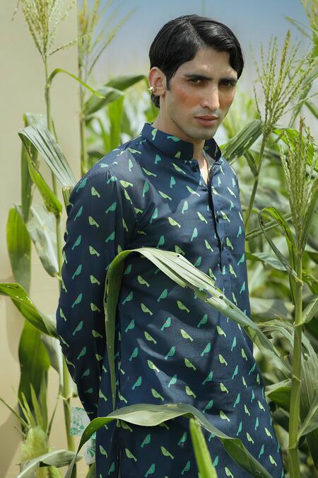 Shop Eleven Brothers Blue Silk, Cotton Birds Of Joy Print Kurta And Pant Set Online at Aza Fashions Shop_Eleven Brothers_Blue Silk, Cotton Birds Of Joy Print Kurta And Pant Set _Online_at_Aza_Fashions