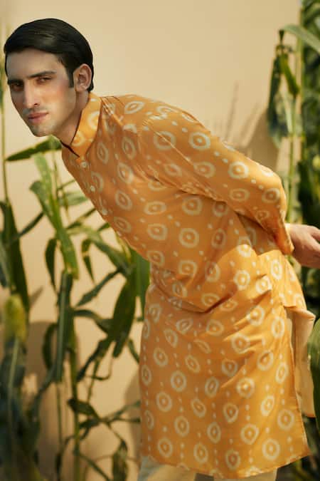 Eleven Brothers Yellow Silk, Cotton Geometric Print Kurta And Pant Set Online at Aza Fashions Eleven Brothers_Yellow Silk, Cotton Geometric Print Kurta And Pant Set _Online_at_Aza_Fashions
