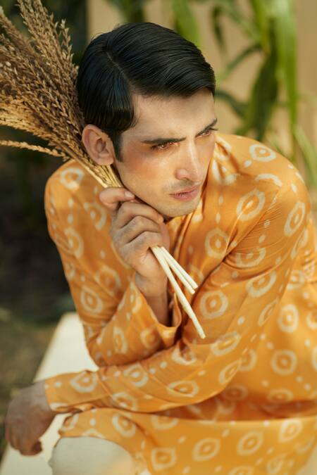 Shop Eleven Brothers Yellow Silk, Cotton Geometric Print Kurta And Pant Set Online at Aza Fashions Shop_Eleven Brothers_Yellow Silk, Cotton Geometric Print Kurta And Pant Set _Online_at_Aza_Fashions