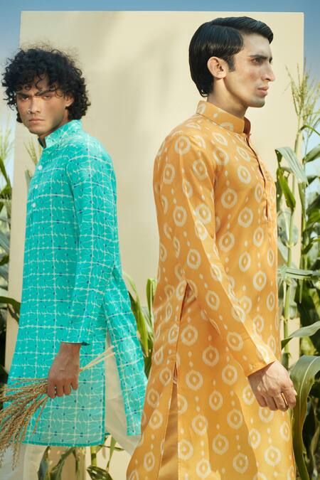Eleven Brothers Yellow Silk, Cotton Geometric Print Kurta And Pant Set at Aza Fashions Eleven Brothers_Yellow Silk, Cotton Geometric Print Kurta And Pant Set _at_Aza_Fashions