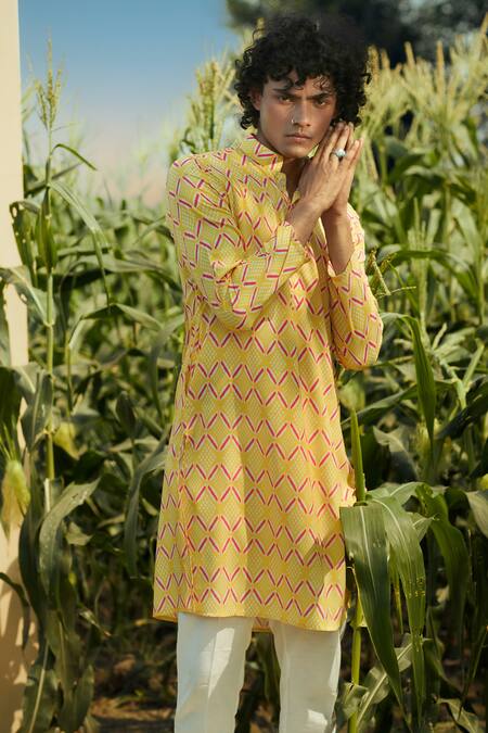 Buy Eleven Brothers Yellow Silk, Cotton Geometric Print Kurta And Pant Set Buy_Eleven Brothers_Yellow Silk, Cotton Geometric Print Kurta And Pant Set