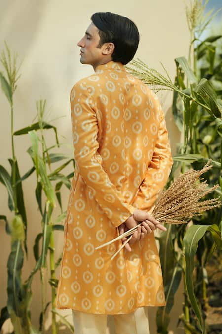 Shop Eleven Brothers Yellow Silk, Cotton Geometric Print Kurta And Pant Set at Aza Fashions Shop_Eleven Brothers_Yellow Silk, Cotton Geometric Print Kurta And Pant Set _at_Aza_Fashions