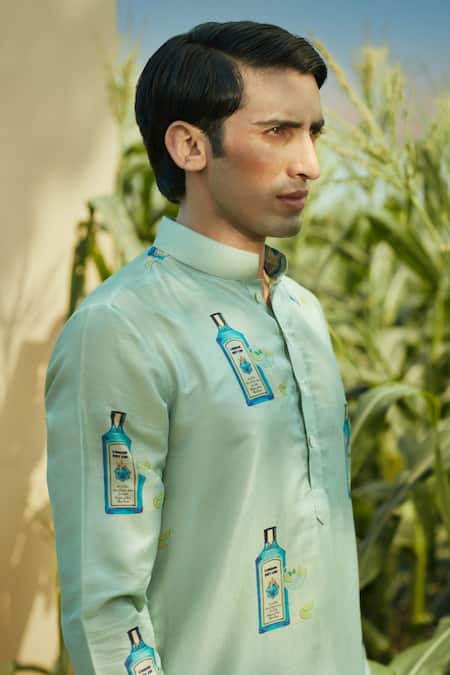 Eleven Brothers Blue Cotton, Silk Gin Bottle Print Kurta And Pant Set Online at Aza Fashions Eleven Brothers_Blue Cotton, Silk Gin Bottle Print Kurta And Pant Set _Online_at_Aza_Fashions